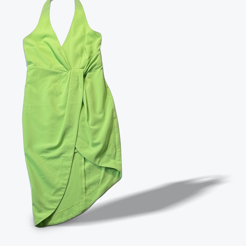 Badgley Mischka Cocktail Dress Bright Lime Halter Wrap Jewel Size 4 Neon Green